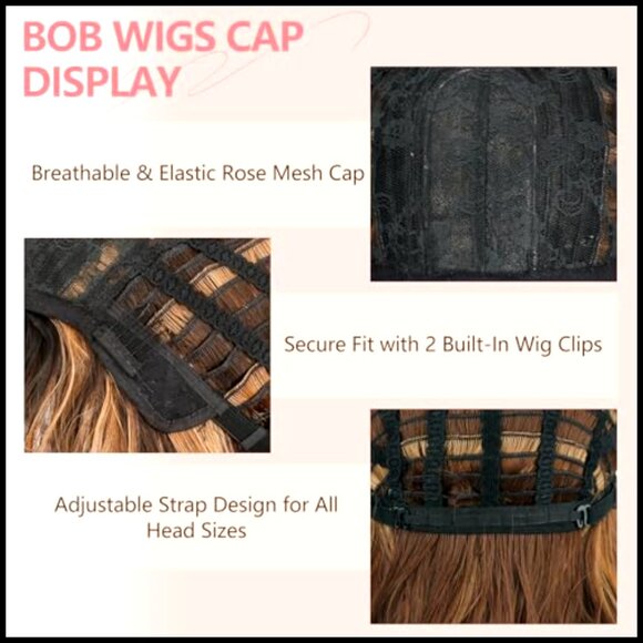 Wavy Bob Wig with Bangs Synthetic Heat Resistant Shoulder Length Daily Wear